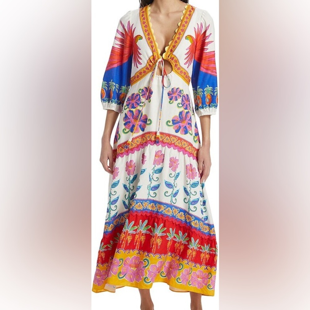 FARM Rio White Maxi Dress with Red, Blue, Pink & Yellow Floral Print